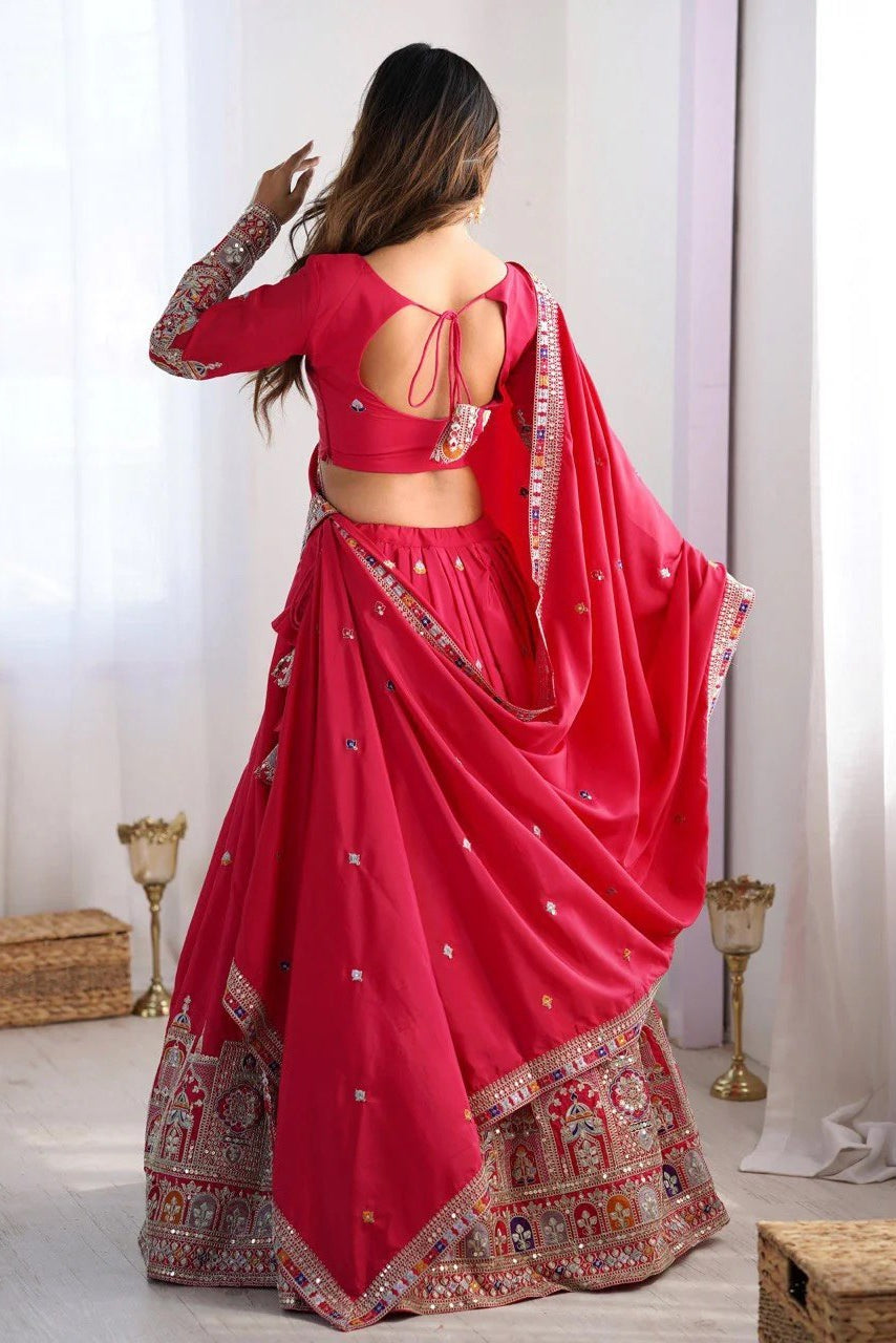 Women’s Red Embroidered Lehenga Choli with Multicolor Sequence Work & Designer Dupatta | Wedding, Party & Festive Wear