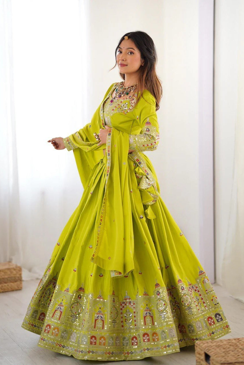 Women’s Lime Green Embroidered Lehenga Choli with Mirror & Sequence Work, Designer Dupatta | Wedding, Festive & Party Wear