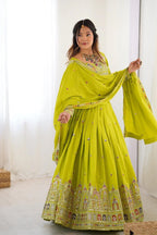 Women’s Lime Green Embroidered Lehenga Choli with Mirror & Sequence Work, Designer Dupatta | Wedding, Festive & Party Wear