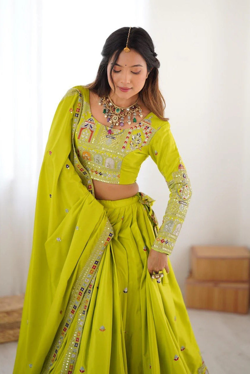 Women’s Lime Green Embroidered Lehenga Choli with Mirror & Sequence Work, Designer Dupatta | Wedding, Festive & Party Wear