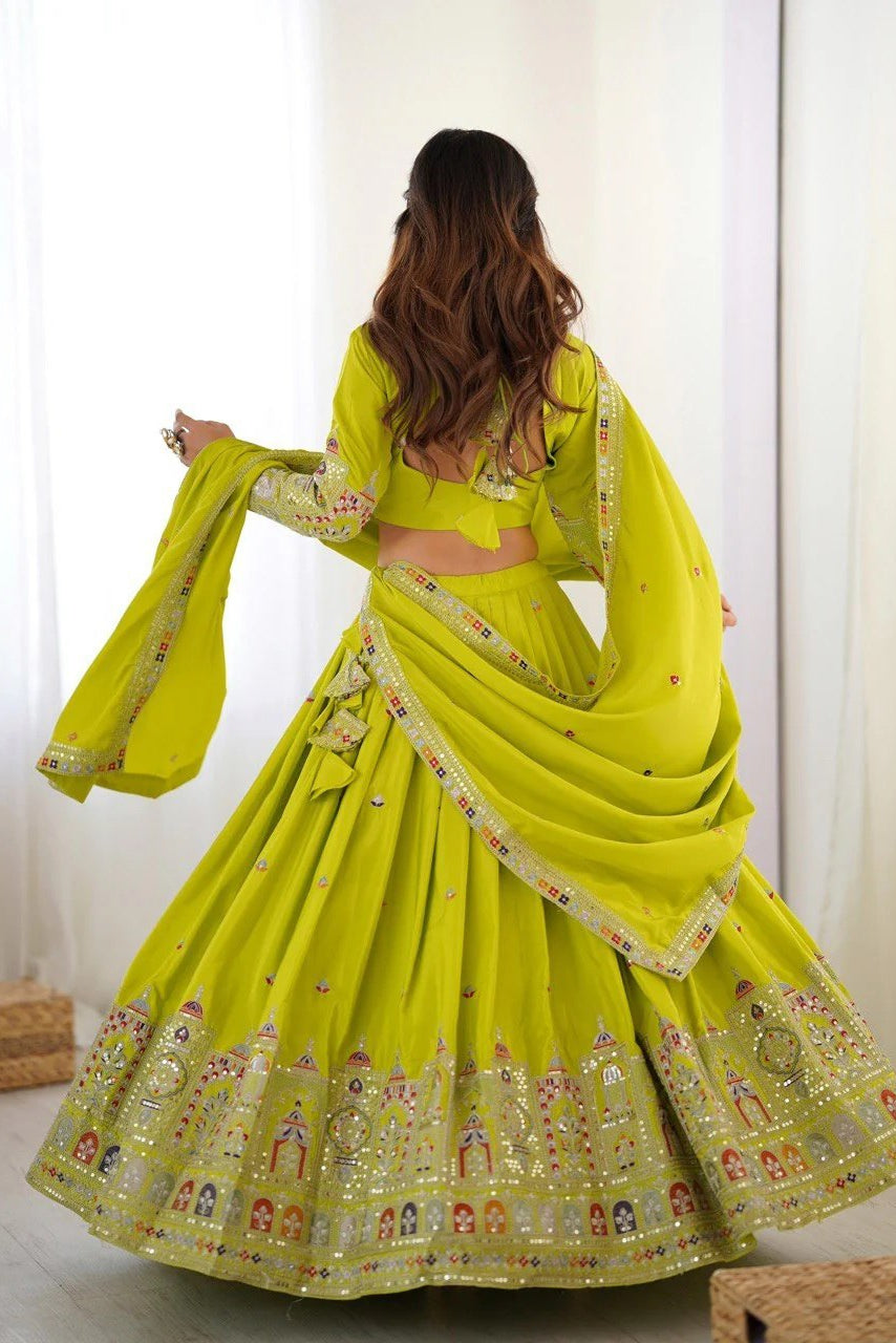 Women’s Lime Green Embroidered Lehenga Choli with Mirror & Sequence Work, Designer Dupatta | Wedding, Festive & Party Wear