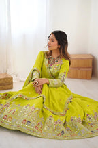 Women’s Lime Green Embroidered Lehenga Choli with Mirror & Sequence Work, Designer Dupatta | Wedding, Festive & Party Wear
