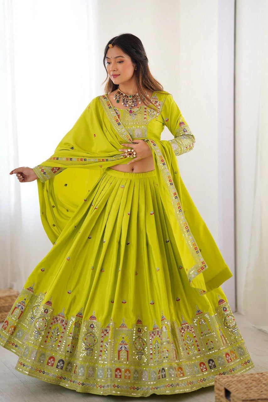 Women’s Lime Green Embroidered Lehenga Choli with Mirror & Sequence Work, Designer Dupatta | Wedding, Festive & Party Wear