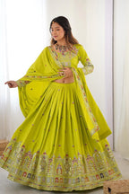 Women’s Lime Green Embroidered Lehenga Choli with Mirror & Sequence Work, Designer Dupatta | Wedding, Festive & Party Wear