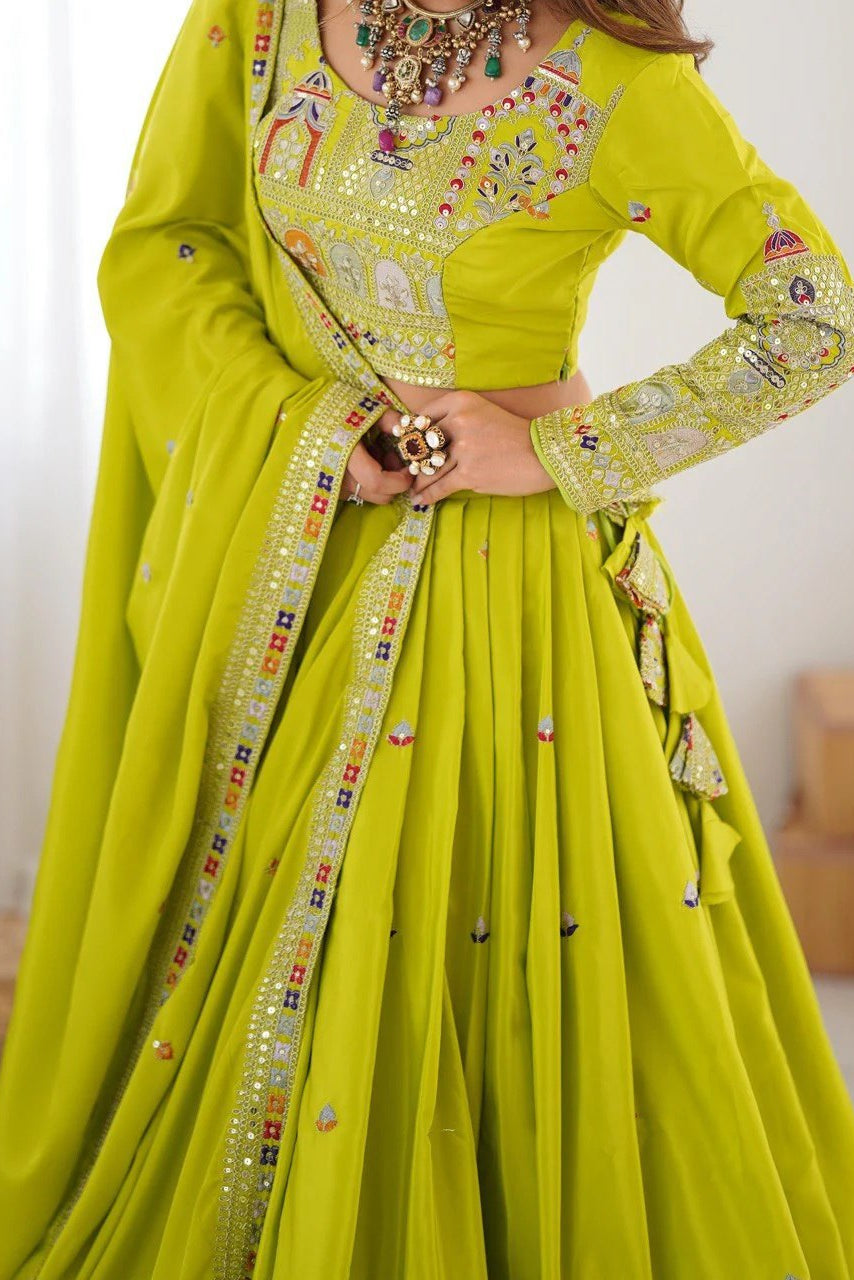 Women’s Lime Green Embroidered Lehenga Choli with Mirror & Sequence Work, Designer Dupatta | Wedding, Festive & Party Wear