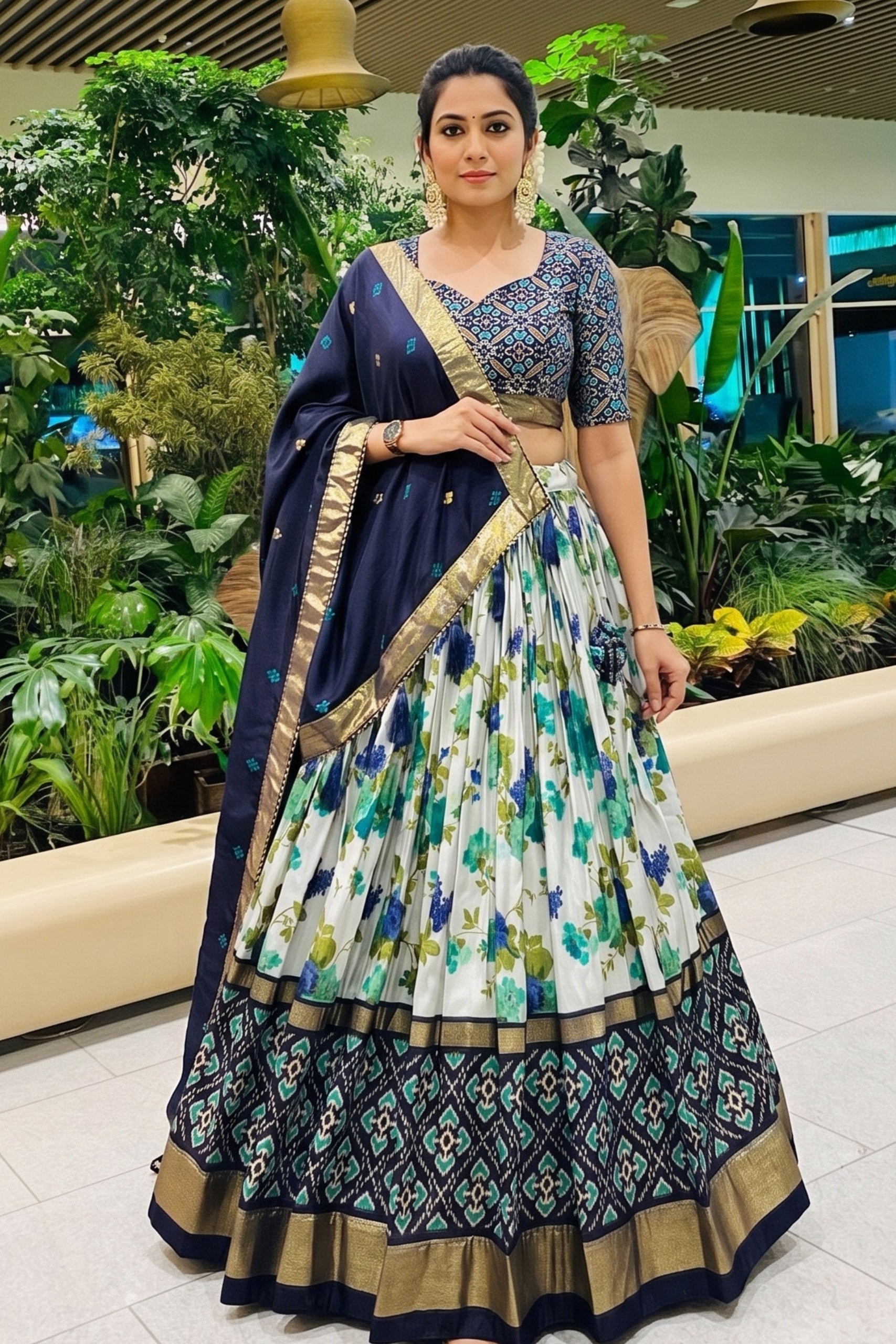 Women's Navy Blue & White Tusser Silk Lehenga Choli with Floral Print, Foil Work & Gotta Patti Dupatta | Designer Festive & Wedding Wear