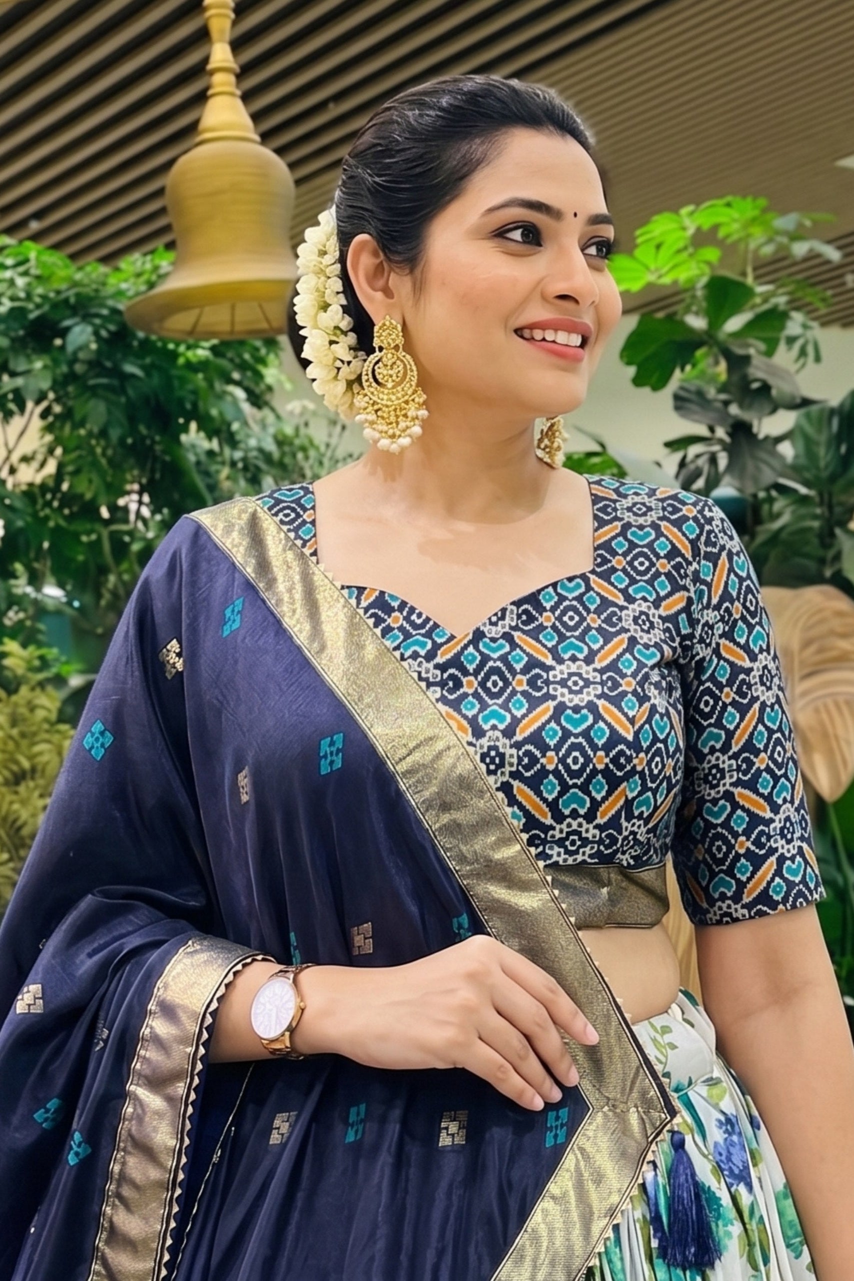 Women's Navy Blue & White Tusser Silk Lehenga Choli with Floral Print, Foil Work & Gotta Patti Dupatta | Designer Festive & Wedding Wear