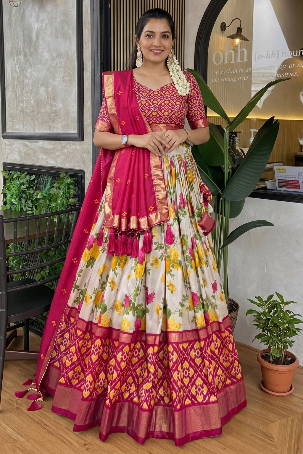 Women's Rani Pink & White Tusser Silk Lehenga Choli with Floral Print, Foil Work & Gotta Patti Dupatta | Designer Festive & Wedding Wear