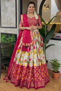 Women's Rani Pink & White Tusser Silk Lehenga Choli with Floral Print, Foil Work & Gotta Patti Dupatta | Designer Festive & Wedding Wear