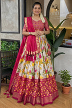 Women's Rani Pink & White Tusser Silk Lehenga Choli with Floral Print, Foil Work & Gotta Patti Dupatta | Designer Festive & Wedding Wear