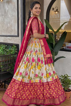 Women's Rani Pink & White Tusser Silk Lehenga Choli with Floral Print, Foil Work & Gotta Patti Dupatta | Designer Festive & Wedding Wear