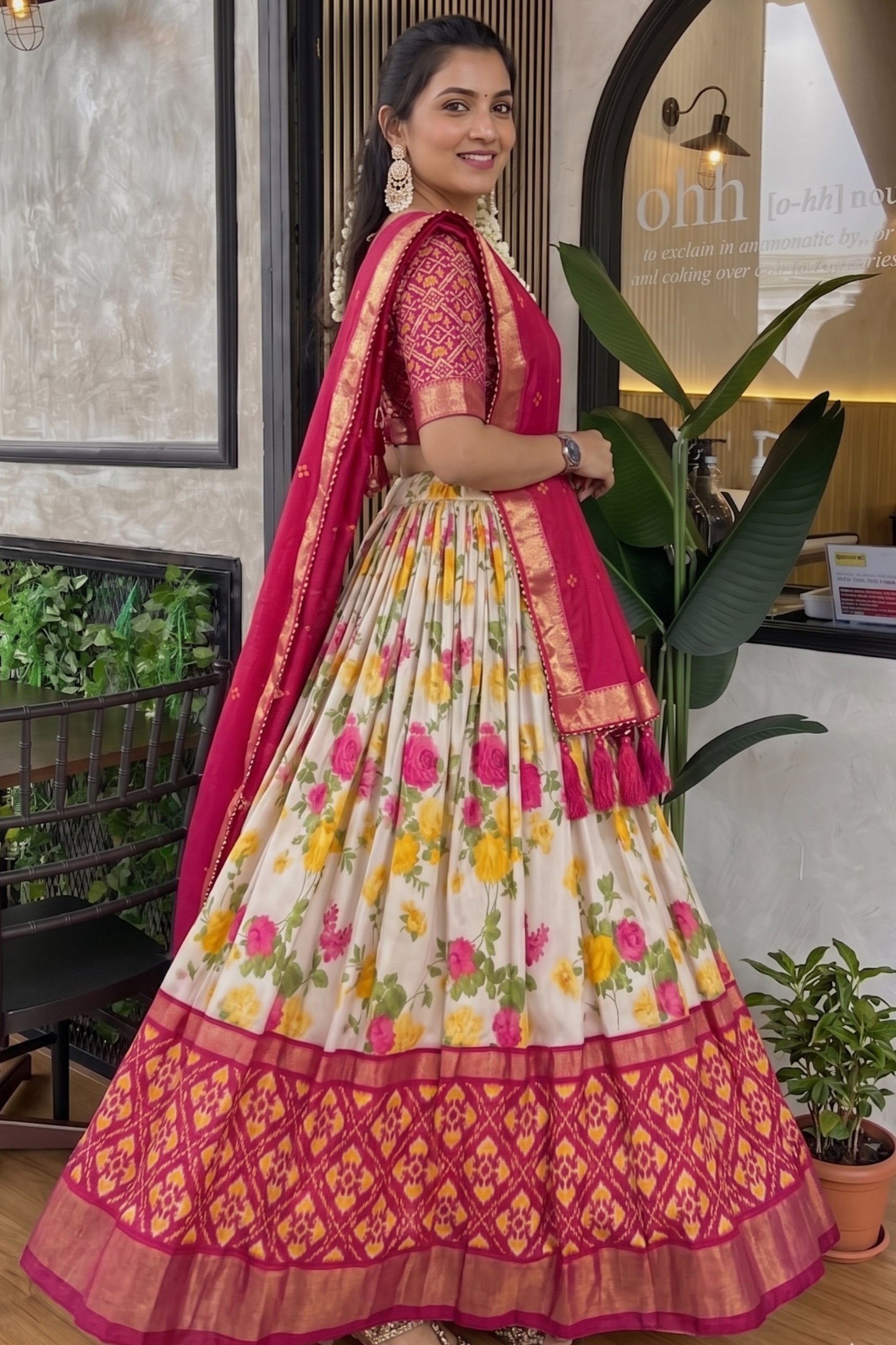 Women's Rani Pink & White Tusser Silk Lehenga Choli with Floral Print, Foil Work & Gotta Patti Dupatta | Designer Festive & Wedding Wear