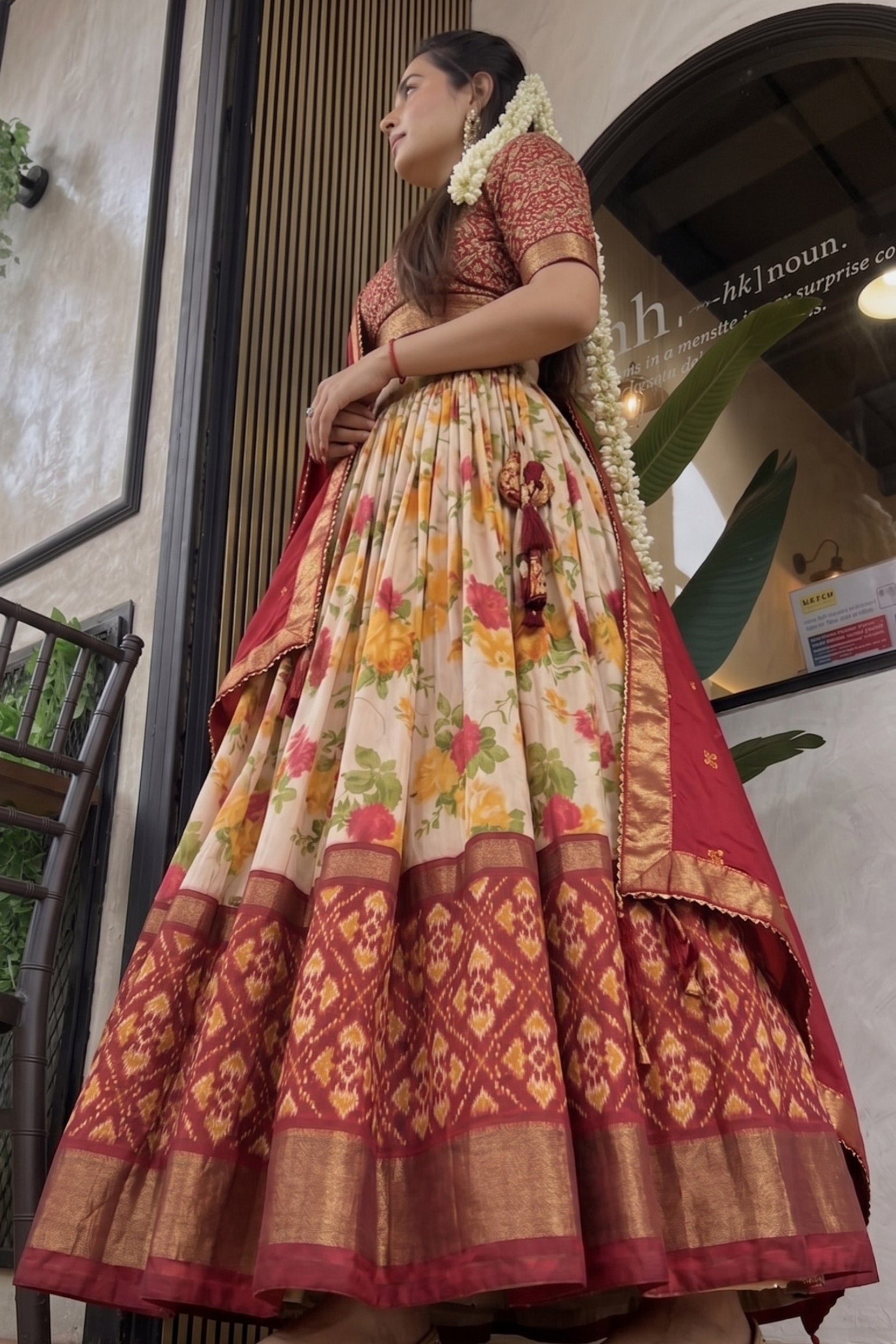 Women's Wine Red & Cream Tusser Silk Lehenga Choli with Floral Print, Foil Work & Gotta Patti Dupatta | Designer Festive & Wedding Wear