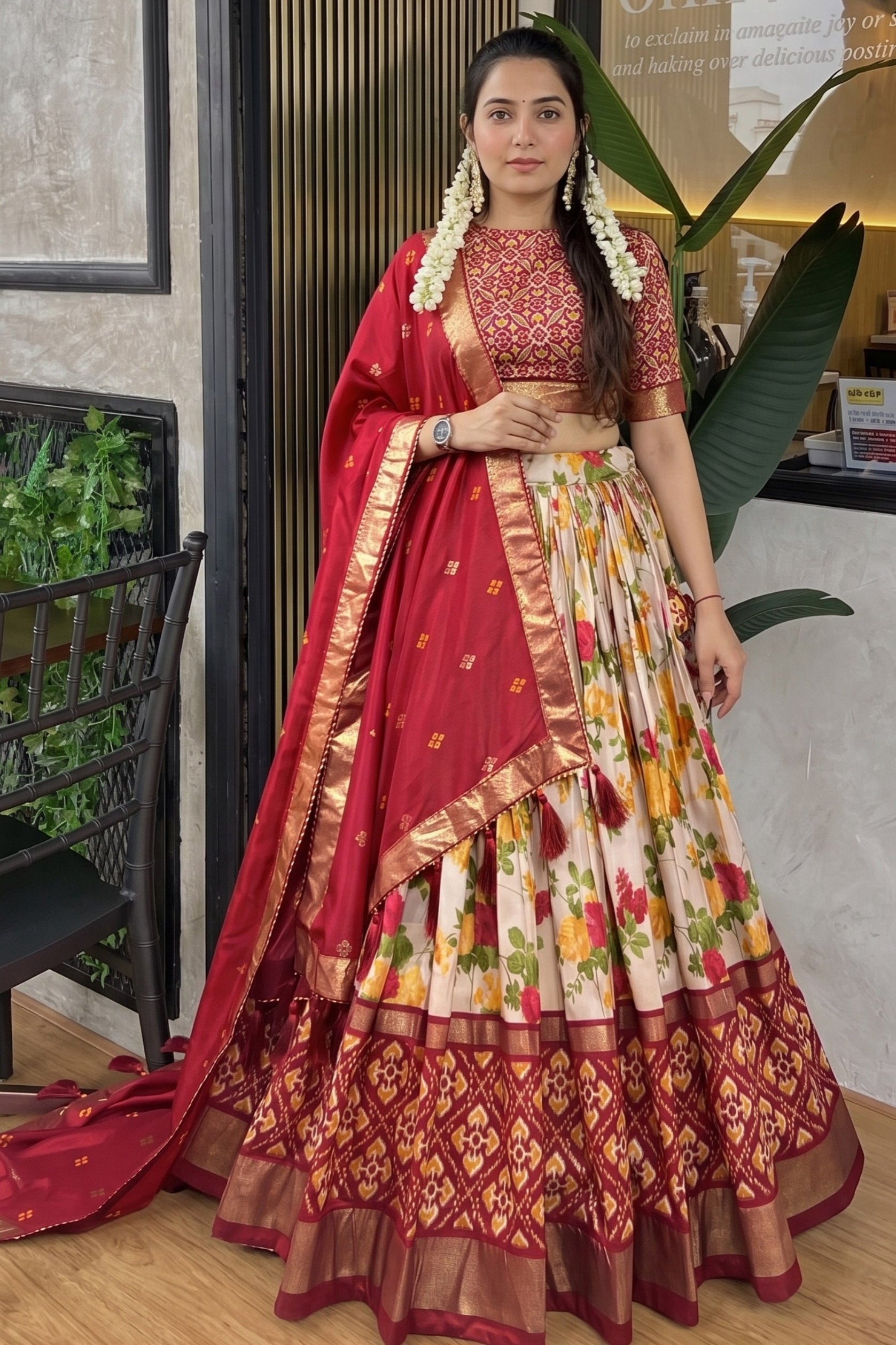Women's Wine Red & Cream Tusser Silk Lehenga Choli with Floral Print, Foil Work & Gotta Patti Dupatta | Designer Festive & Wedding Wear