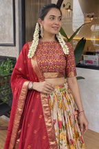 Women's Wine Red & Cream Tusser Silk Lehenga Choli with Floral Print, Foil Work & Gotta Patti Dupatta | Designer Festive & Wedding Wear