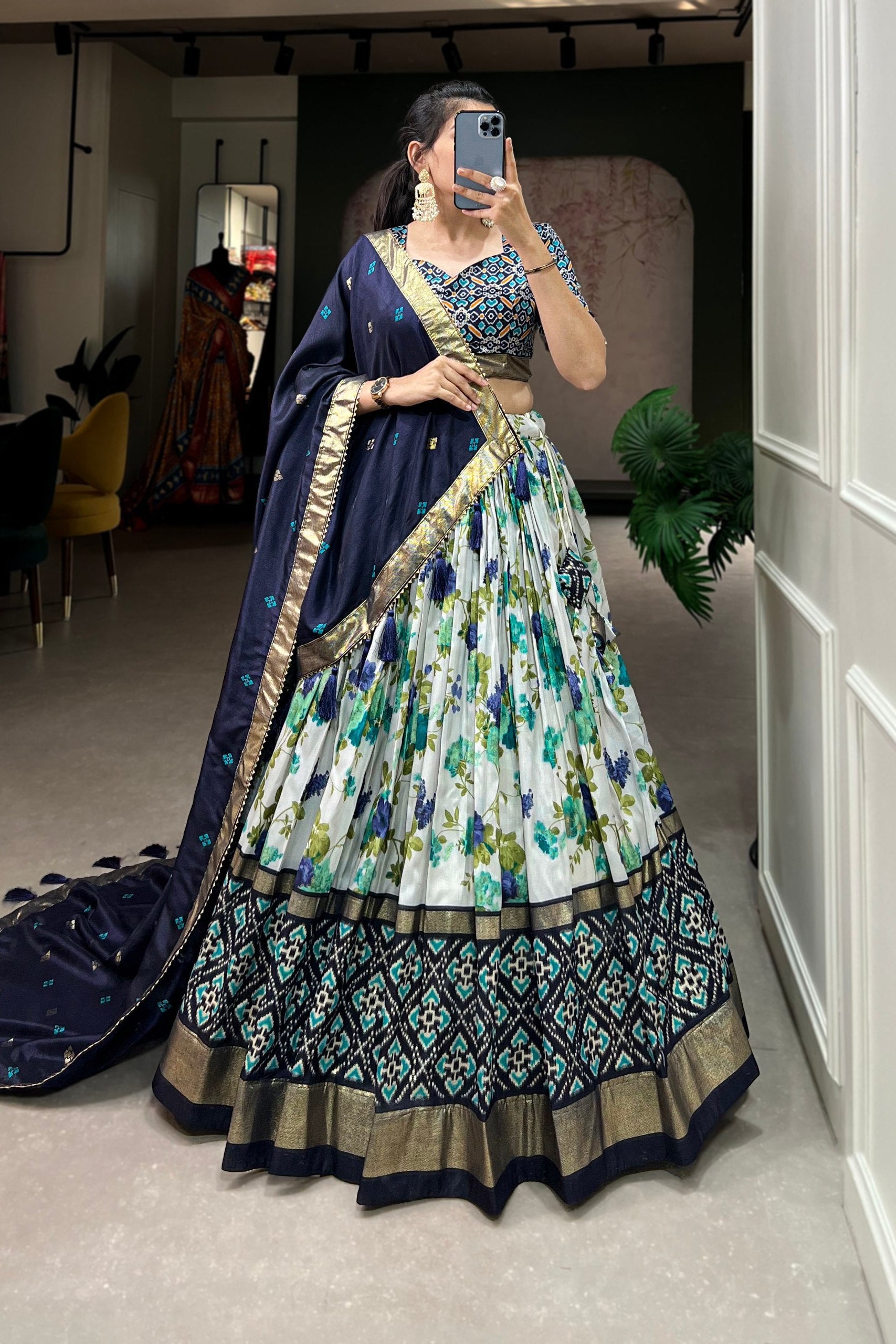 Women's Navy Blue & White Tusser Silk Lehenga Choli with Floral Print, Foil Work & Gotta Patti Dupatta | Designer Festive & Wedding Wear