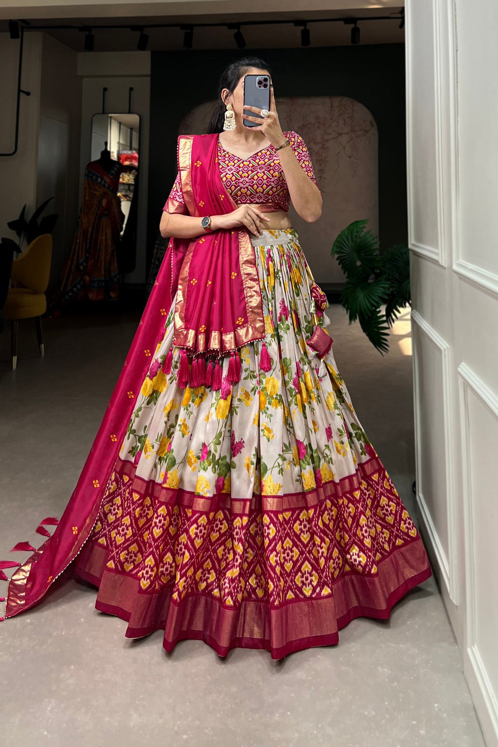 Women's Rani Pink & White Tusser Silk Lehenga Choli with Floral Print, Foil Work & Gotta Patti Dupatta | Designer Festive & Wedding Wear