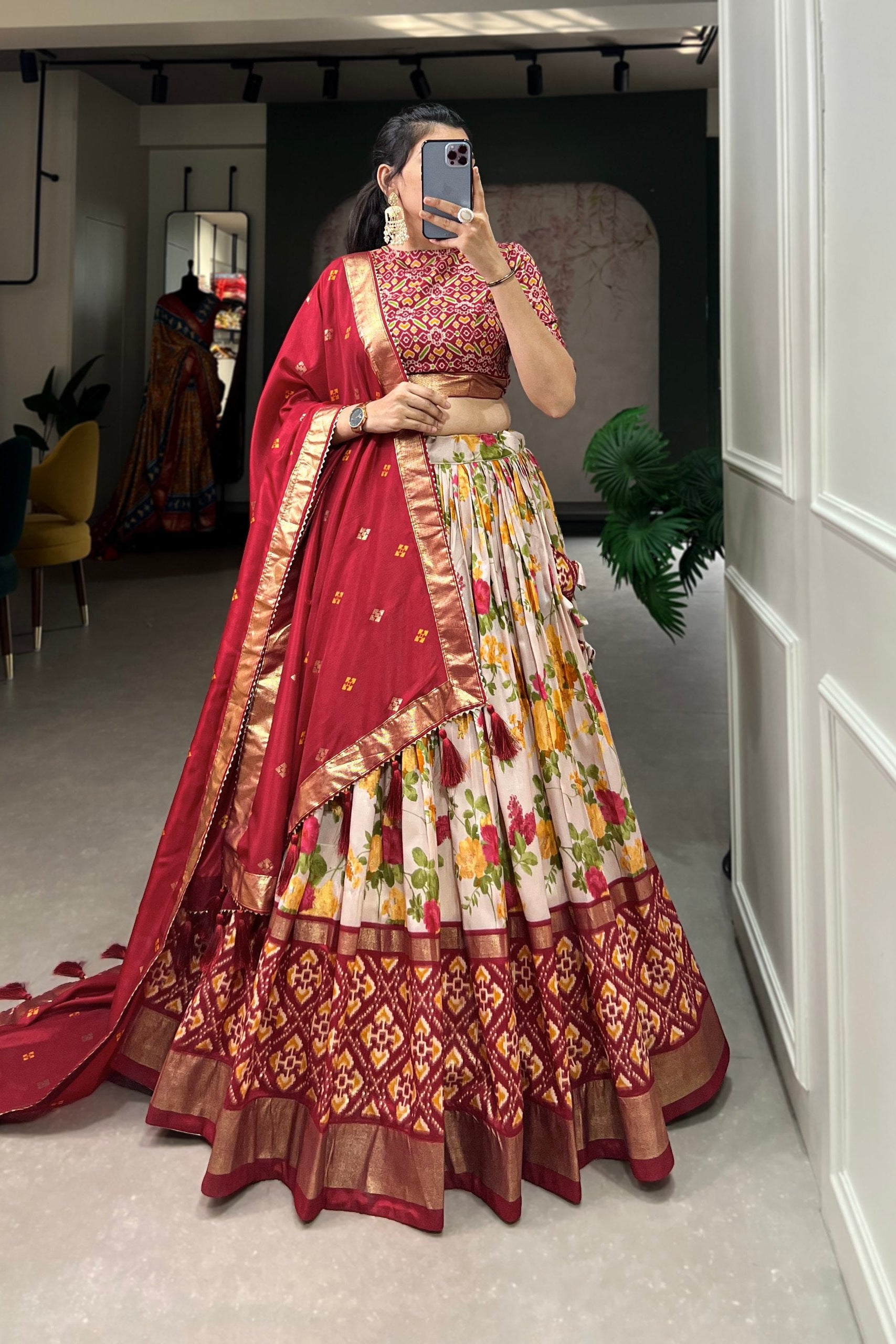 Women's Wine Red & Cream Tusser Silk Lehenga Choli with Floral Print, Foil Work & Gotta Patti Dupatta | Designer Festive & Wedding Wear
