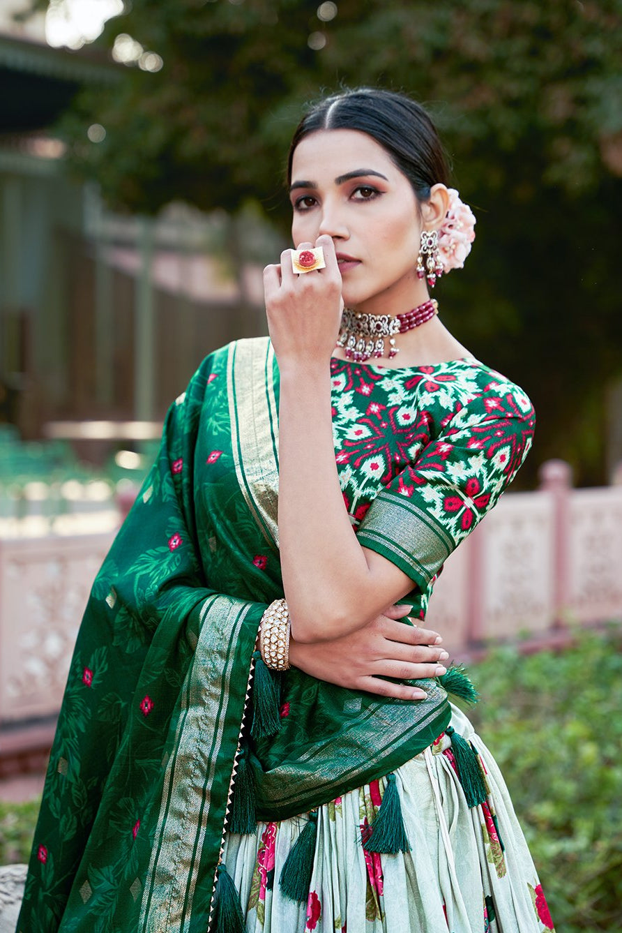 Women's Green & White Tusser Silk Lehenga Choli with Floral Print, Foil Work & Gotta Patti Dupatta | Designer Festive & Wedding Wear