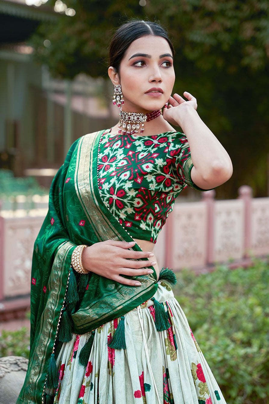 Women's Green & White Tusser Silk Lehenga Choli with Floral Print, Foil Work & Gotta Patti Dupatta | Designer Festive & Wedding Wear