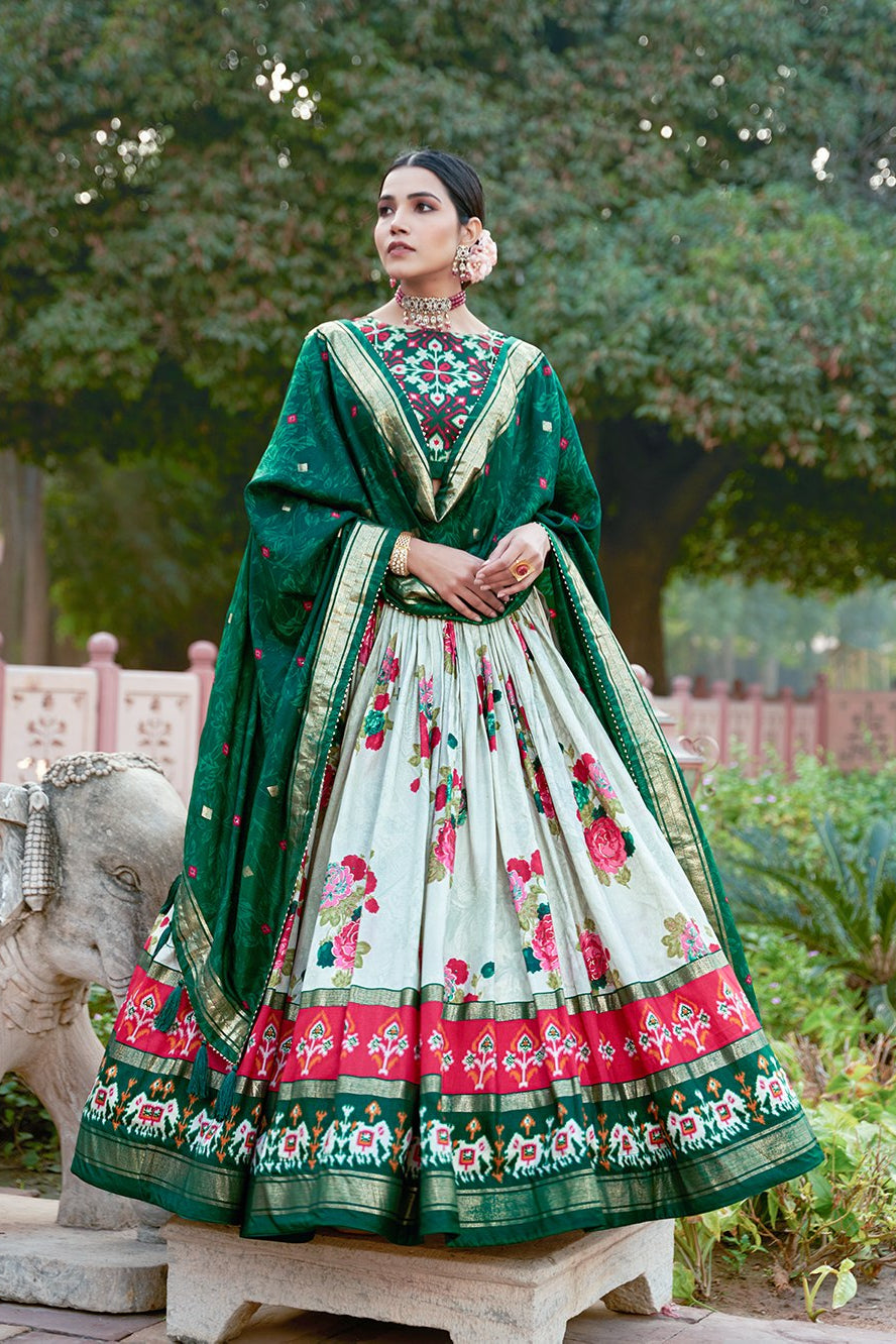 Women's Green & White Tusser Silk Lehenga Choli with Floral Print, Foil Work & Gotta Patti Dupatta | Designer Festive & Wedding Wear