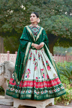 Women's Green & White Tusser Silk Lehenga Choli with Floral Print, Foil Work & Gotta Patti Dupatta | Designer Festive & Wedding Wear