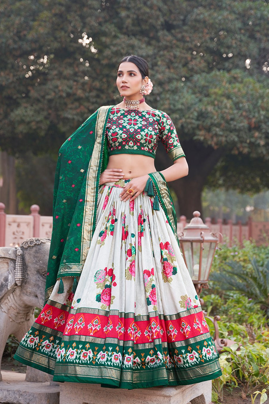 Women's Green & White Tusser Silk Lehenga Choli with Floral Print, Foil Work & Gotta Patti Dupatta | Designer Festive & Wedding Wear