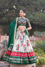 Women's Green & White Tusser Silk Lehenga Choli with Floral Print, Foil Work & Gotta Patti Dupatta | Designer Festive & Wedding Wear