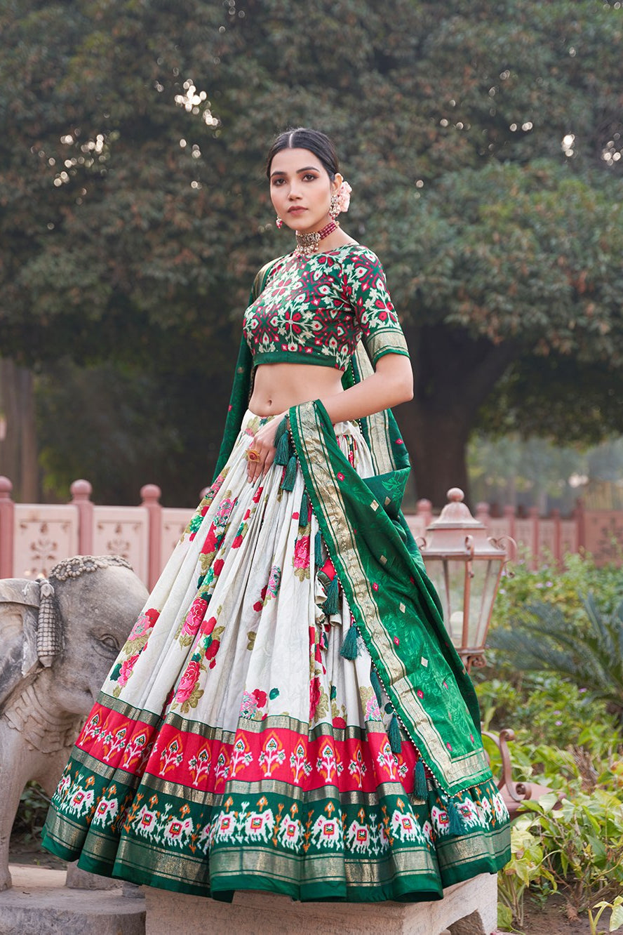 Women's Green & White Tusser Silk Lehenga Choli with Floral Print, Foil Work & Gotta Patti Dupatta | Designer Festive & Wedding Wear