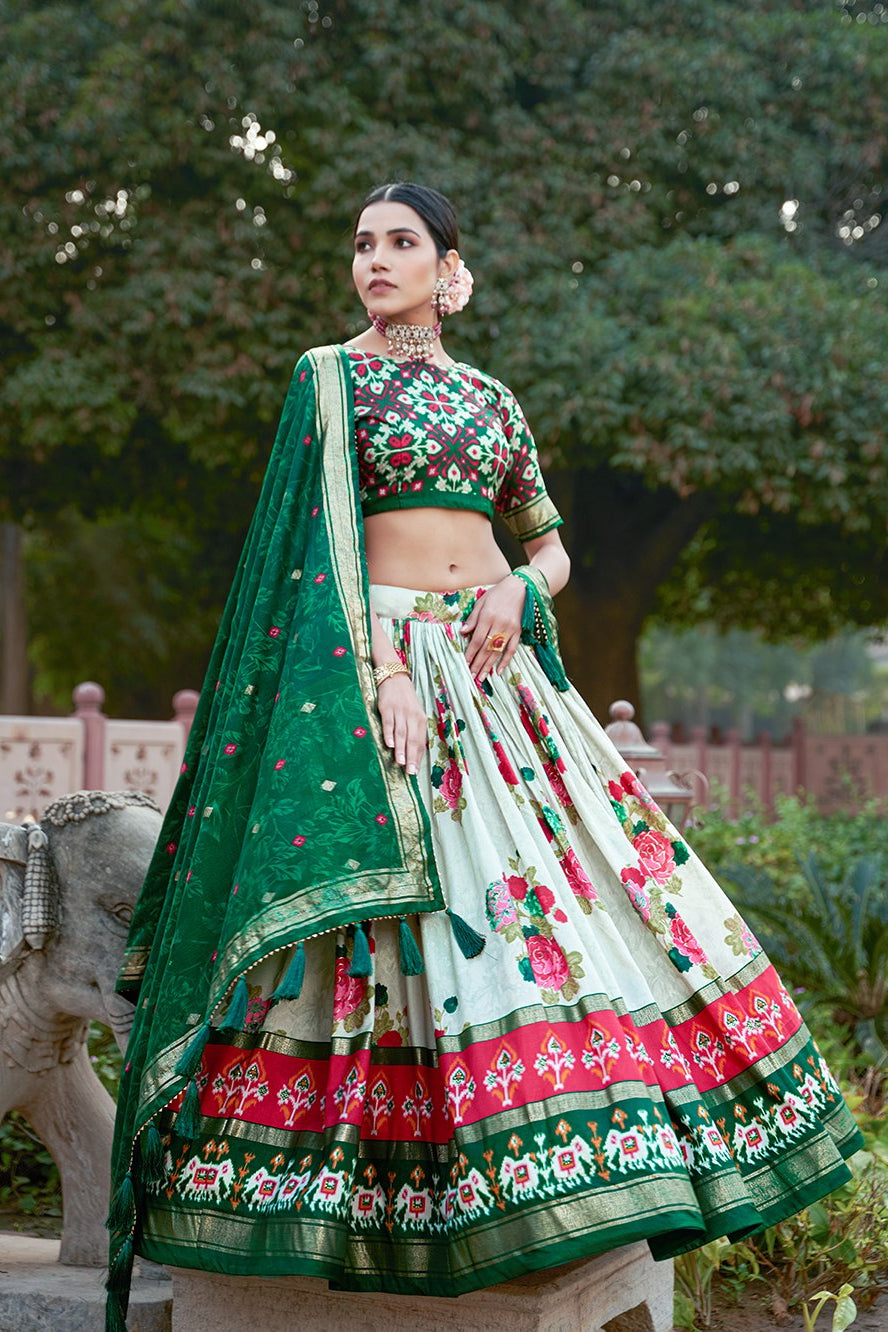 Women's Green & White Tusser Silk Lehenga Choli with Floral Print, Foil Work & Gotta Patti Dupatta | Designer Festive & Wedding Wear