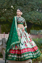 Women's Green & White Tusser Silk Lehenga Choli with Floral Print, Foil Work & Gotta Patti Dupatta | Designer Festive & Wedding Wear