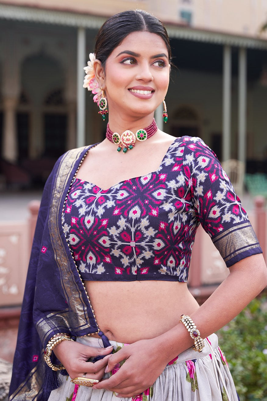 Women's Navy Blue & White Tusser Silk Lehenga Choli with Floral Print, Foil Work & Gotta Patti Dupatta | Designer Festive & Wedding Wear
