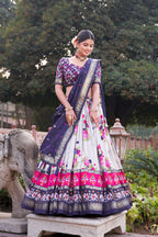 Women's Navy Blue & White Tusser Silk Lehenga Choli with Floral Print, Foil Work & Gotta Patti Dupatta | Designer Festive & Wedding Wear