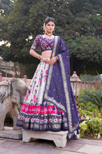 Women's Navy Blue & White Tusser Silk Lehenga Choli with Floral Print, Foil Work & Gotta Patti Dupatta | Designer Festive & Wedding Wear