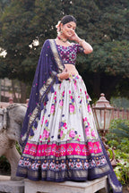 Women's Navy Blue & White Tusser Silk Lehenga Choli with Floral Print, Foil Work & Gotta Patti Dupatta | Designer Festive & Wedding Wear