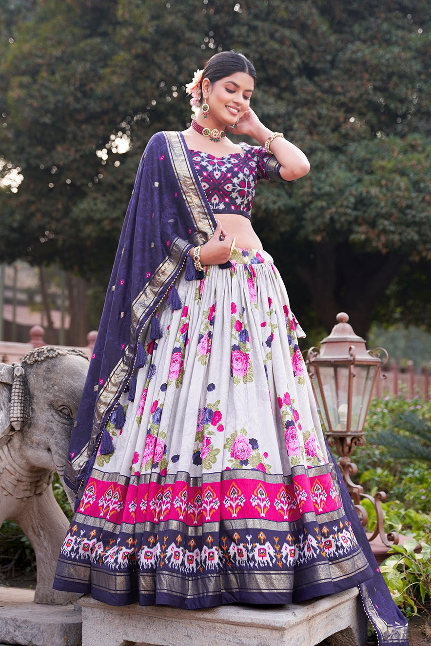 Women's Navy Blue & White Tusser Silk Lehenga Choli with Floral Print, Foil Work & Gotta Patti Dupatta | Designer Festive & Wedding Wear