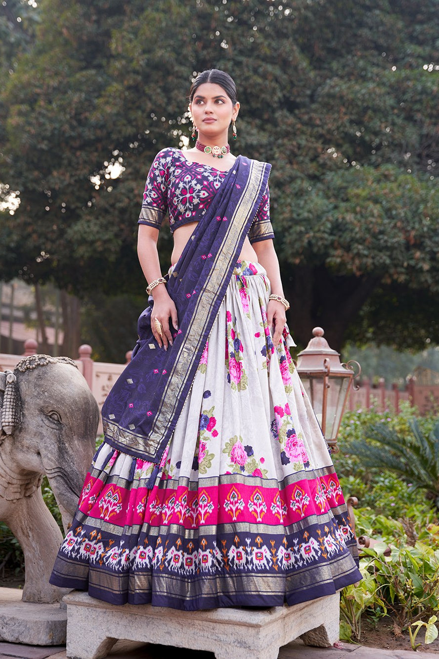 Women's Navy Blue & White Tusser Silk Lehenga Choli with Floral Print, Foil Work & Gotta Patti Dupatta | Designer Festive & Wedding Wear