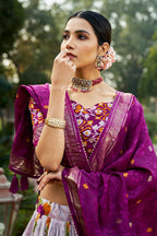Women's Purple & White Tusser Silk Lehenga Choli with Floral Print, Foil Work & Gotta Patti Dupatta | Designer Festive & Wedding Wear