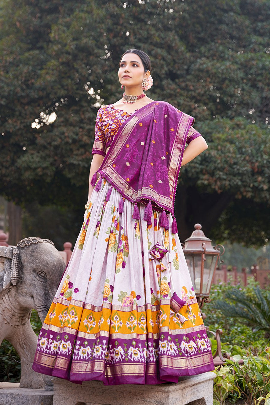 Women's Purple & White Tusser Silk Lehenga Choli with Floral Print, Foil Work & Gotta Patti Dupatta | Designer Festive & Wedding Wear