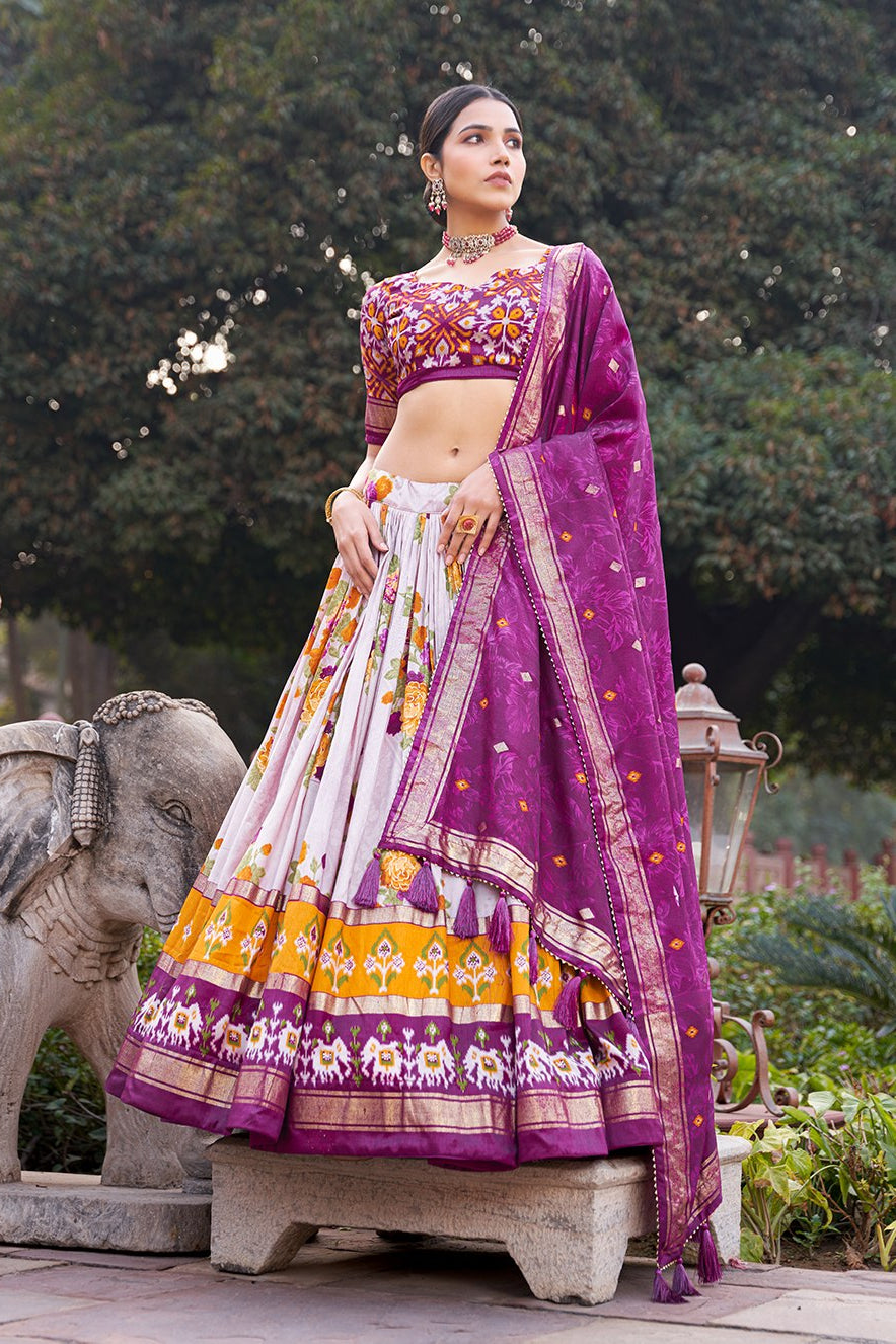 Women's Purple & White Tusser Silk Lehenga Choli with Floral Print, Foil Work & Gotta Patti Dupatta | Designer Festive & Wedding Wear