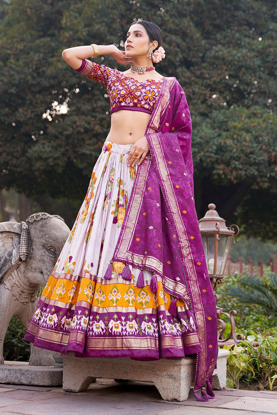 Women's Purple & White Tusser Silk Lehenga Choli with Floral Print, Foil Work & Gotta Patti Dupatta | Designer Festive & Wedding Wear