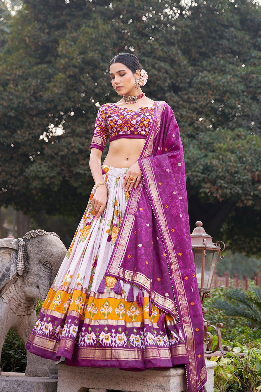 Women's Purple & White Tusser Silk Lehenga Choli with Floral Print, Foil Work & Gotta Patti Dupatta | Designer Festive & Wedding Wear