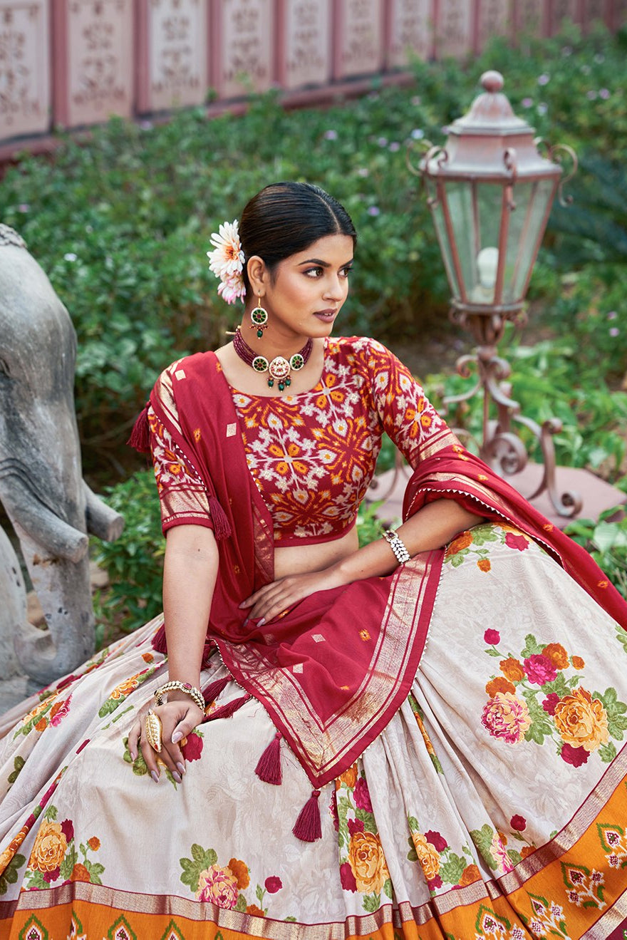 Women's Red & White Tusser Silk Lehenga Choli with Floral Print, Foil Work & Gotta Patti Dupatta | Designer Festive & Wedding Wear