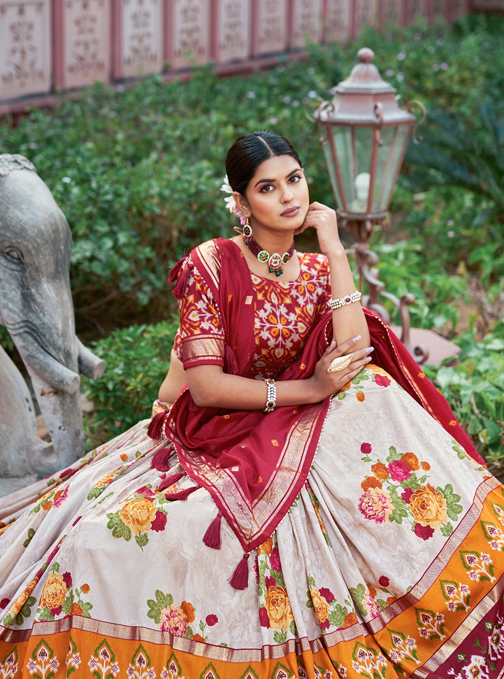 Women's Red & White Tusser Silk Lehenga Choli with Floral Print, Foil Work & Gotta Patti Dupatta | Designer Festive & Wedding Wear