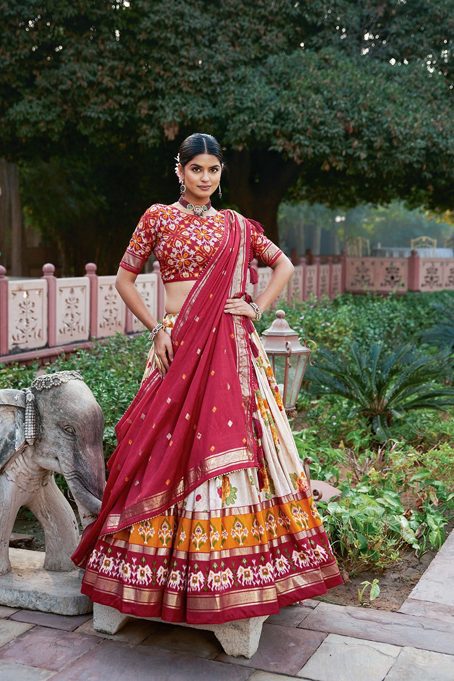 Women's Red & White Tusser Silk Lehenga Choli with Floral Print, Foil Work & Gotta Patti Dupatta | Designer Festive & Wedding Wear