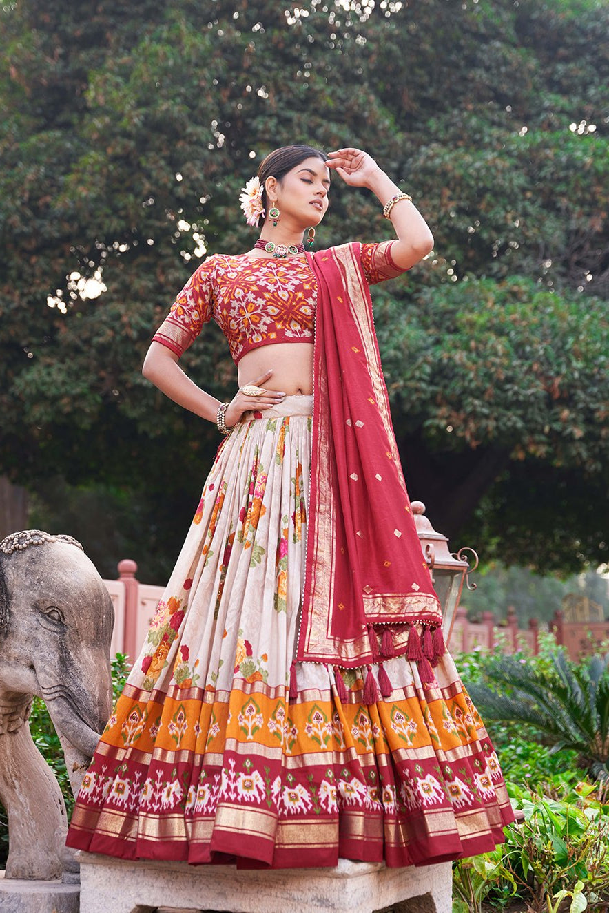 Women's Red & White Tusser Silk Lehenga Choli with Floral Print, Foil Work & Gotta Patti Dupatta | Designer Festive & Wedding Wear