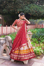 Women's Red & White Tusser Silk Lehenga Choli with Floral Print, Foil Work & Gotta Patti Dupatta | Designer Festive & Wedding Wear