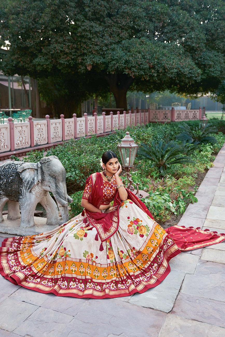 Women's Red & White Tusser Silk Lehenga Choli with Floral Print, Foil Work & Gotta Patti Dupatta | Designer Festive & Wedding Wear