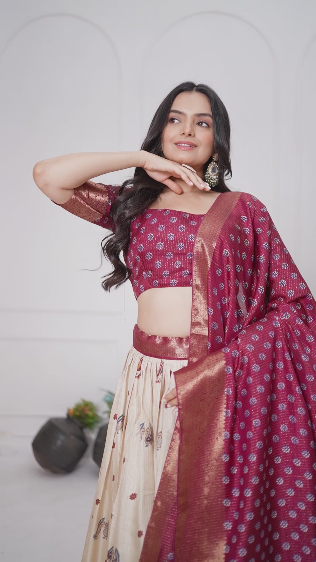 Women's Cream & Wine Heavy Lichi Jacquard Lehenga Choli with Dupatta | Wedding & Festive Wear
