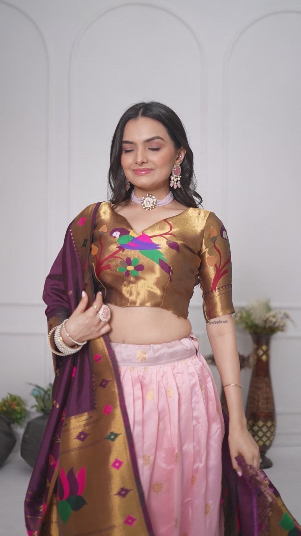 Women's Pink Jacquard Lichi Silk Lehenga Choli with Purple Paithani Style Dupatta | Traditional Wedding, Festive & Party Wear